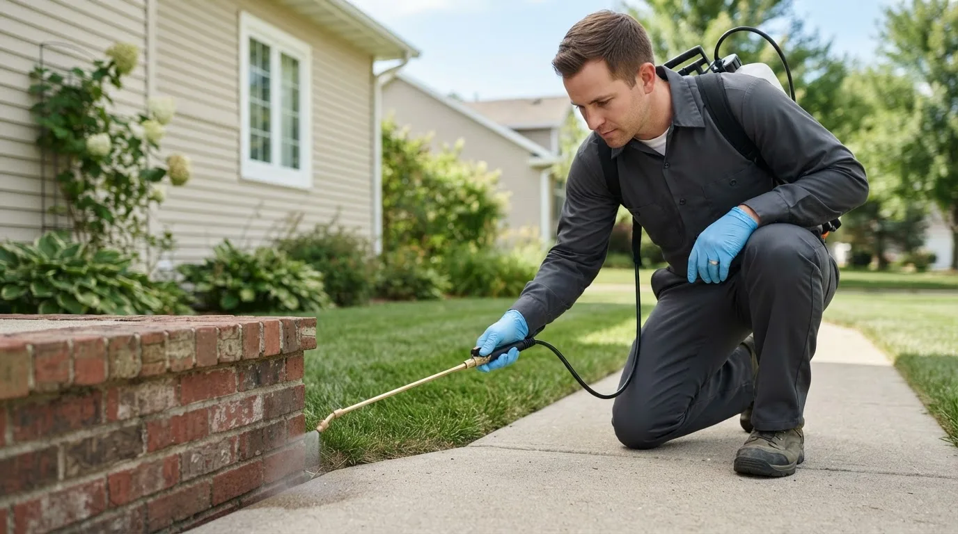 Pest control technician treating a home near Syracuse, NE
