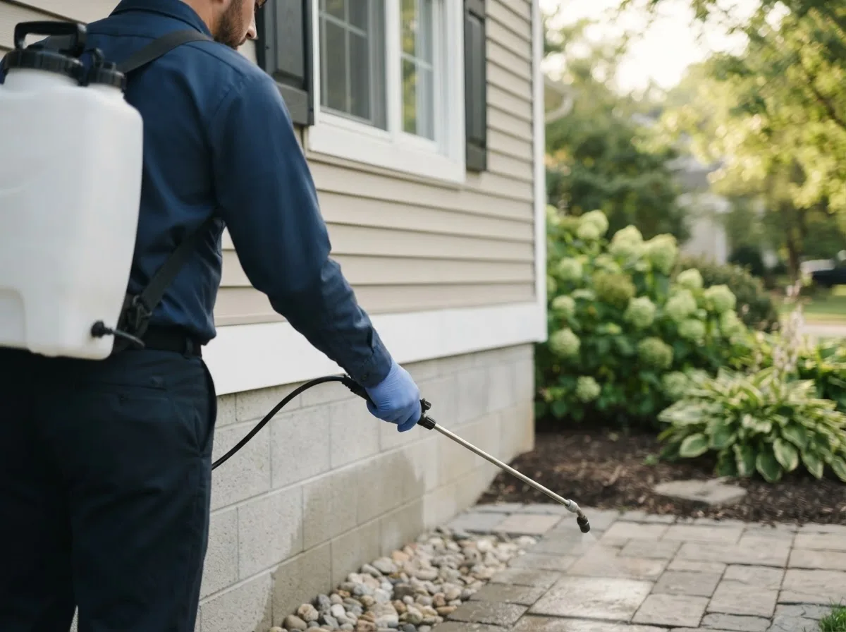 Pest control technician inspecting a home in Syracuse, NE